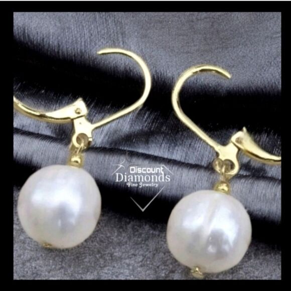 South Sea Shell Pearl White 9.5 mm 14K Gold Plated Dangle Earrings - Picture 1 of 8
